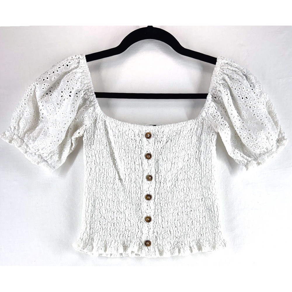 Womens White Eyelet Puff Sleeve Smocked Crop Top Sz M Cottagecore Coquette Twee